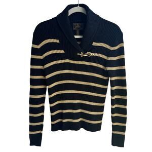 Ralph Lauren Black Label Knit Sweater Cowl Neck with Gold Metallic Clasp Stripes